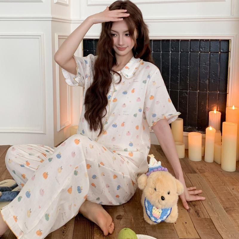 Casual style pure cotton cartoon printed pajamas women's 1011 spring and summer new lapel can be worn outside short-sleeved loungewear set