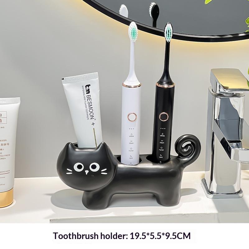Cute Black Cat Ceramic Toothbrush Holder Multi Compartment Non Slip Base Waterproof for Home Bathroom Decor