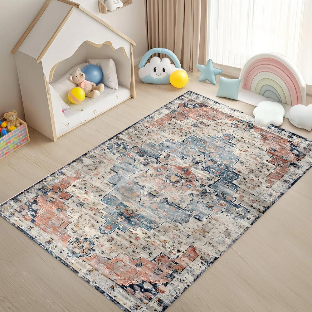 Vintage Ethnic Floral Rug Traditional Pattern Soft Color Palette Durable Easy to Clean Non-Slip Carpet for Living Room Bedroom