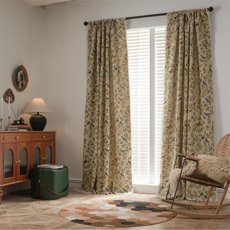 Шторы Boho Floral Bird Curtains - Светофильтрующие готовые шторы для кухни и эркера | Жаккардовый текстиль с кисточками (Установка без шитья)
