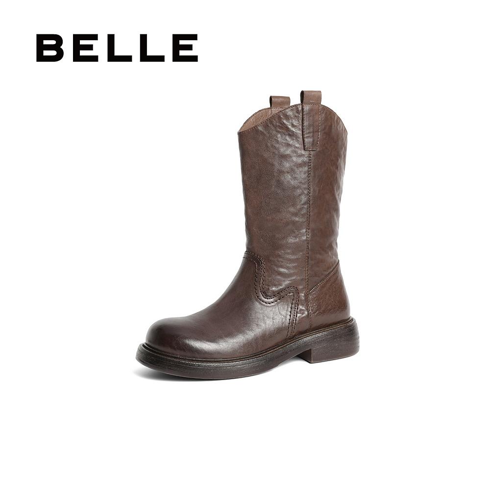 Модные женские ковбойские ботинки Belle Retro 2024 Зимние Новые Кожаные Модные Крутые и Стройные Ботинки Средней Высоты