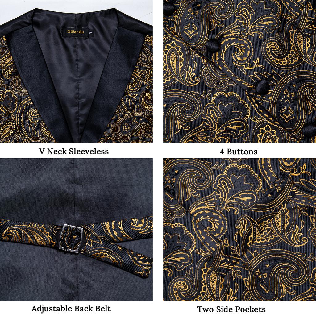 Dibangu Silk Suit Vest for Men Black Gold Jacquare Waistcoat Necktie Hanky Cufflinks 4pc