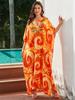 Plus Size Kaftan Orange Bohemian Printed Embroidered Summer Long Beach Dress Women Homewear Outfit Swim Suit Cover Up Loose Caftan