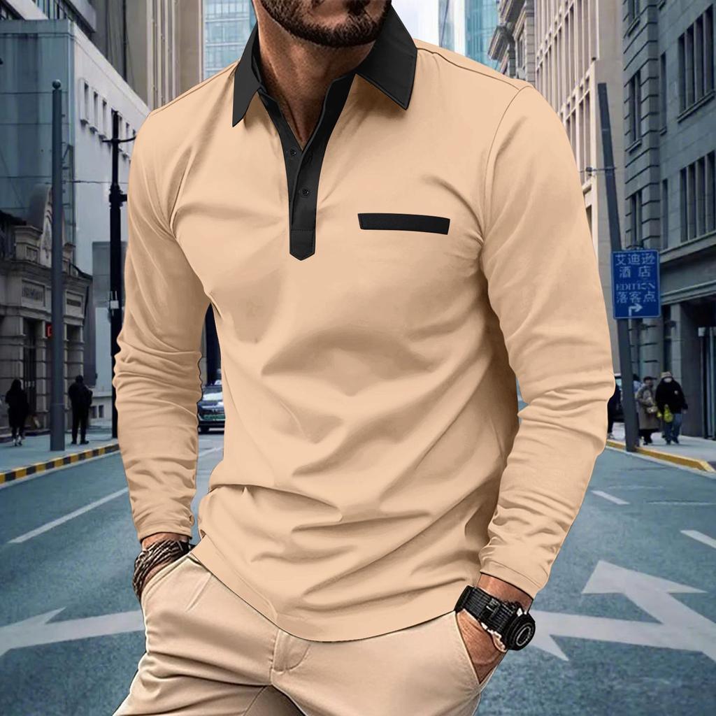 Autumn Men's Casual Button Lapel Solid Color Long Sleeved Polo Shirt