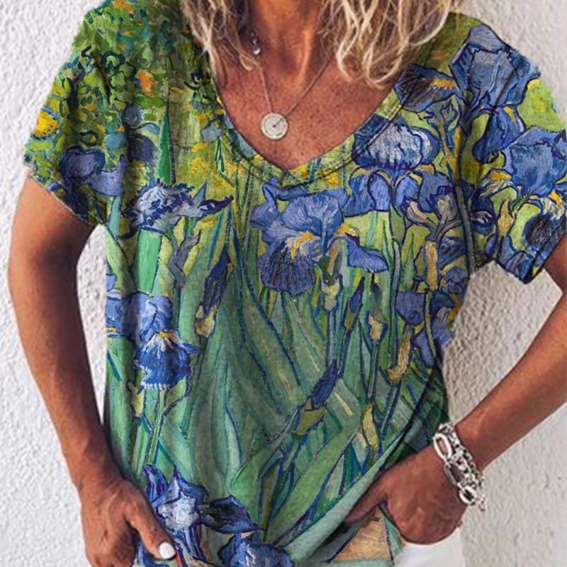 2022 модная женская новая летняя рубашка с v-образным вырезом и короткими рукавами с цветочным принтом и котом, футболка с 3D принтом, верхний размер, повседневная свободная уличная одежда