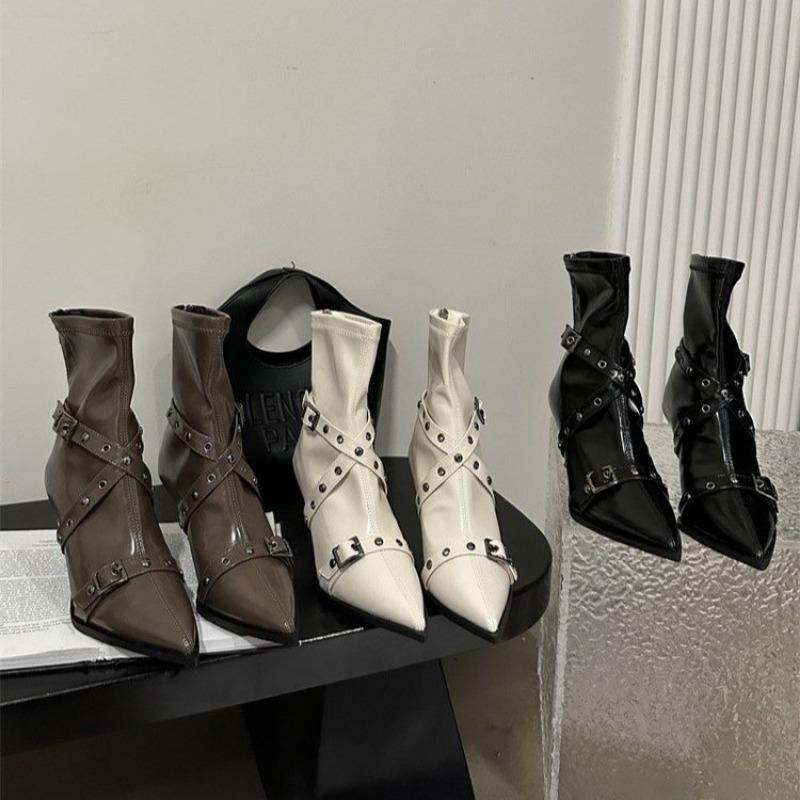 Остроносые женские короткие сапоги, модные ботильоны с пряжкой на ремне, тонкие ботильоны на высоком каблуке, осенне-зимняя женская обувь