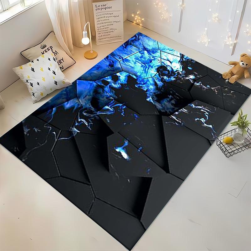 "Modern Abstract Rug With Blue Flame Effect On Black Hexagonal Design" Suitable for use as an anti-slip for living room bedroom sofas