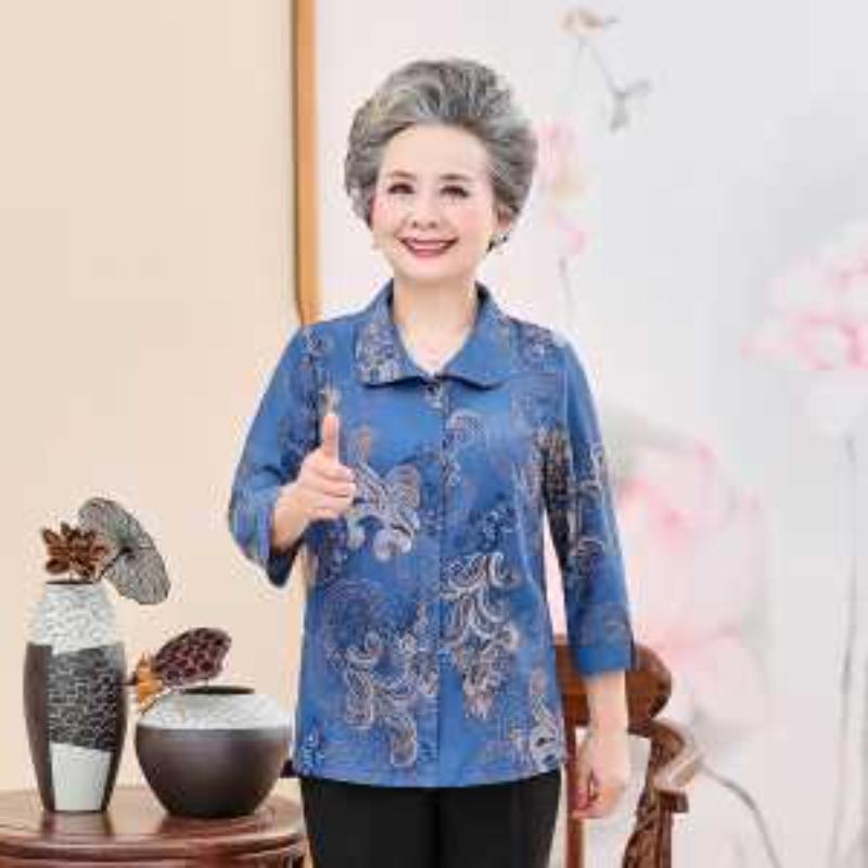 Блузка с цветочным принтом для пожилых женщин Свободная с длинным рукавом Элегантная повседневная рубашка