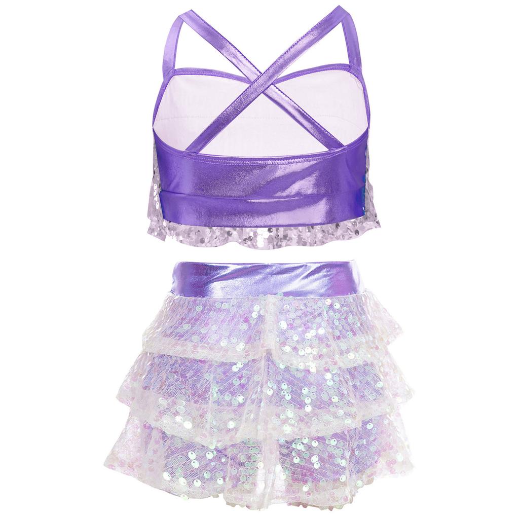 Джазовый танцевальный наряд для девочек, блестящий укороченный топ с оборками, металлические брюки-кюлоты для выступлений на сцене