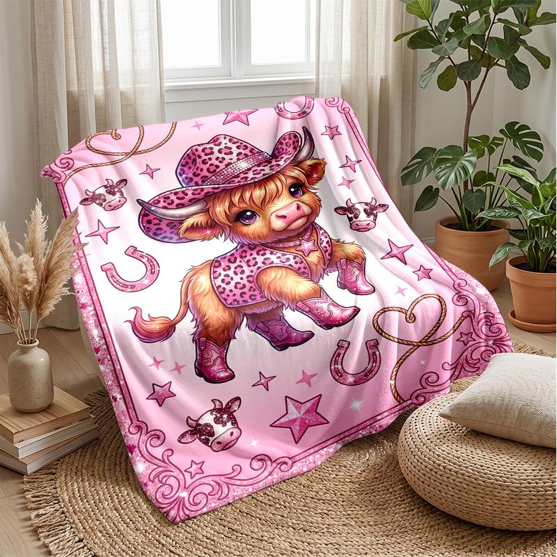 Pink Cow with Strawberry Ice Cream Theme blanket Lightweight Warm Flannel Blanket Decorative Throw Blanket for Home Decoration