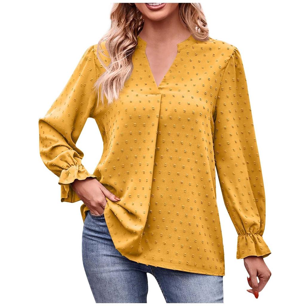 Женская модная повседневная свободная однотонная футболка с v-образным вырезом и рюшами с длинным рукавом