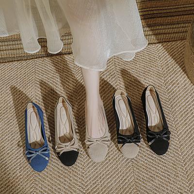 Балетки на высоком каблуке для женщин, базовые туфли-лодочки, двухцветная строчка, круглый бант, сетка, полые, модные, вечерние, одинарные туфли
