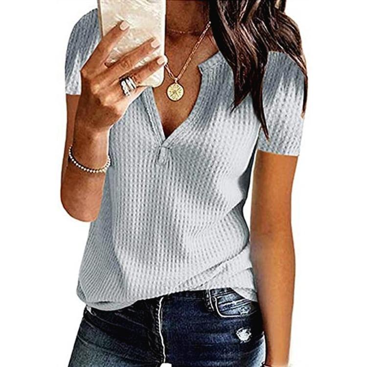 IHUASU Весна-лето Однотонный вафельный топ с короткими рукавами и V-образным вырезом для женщин