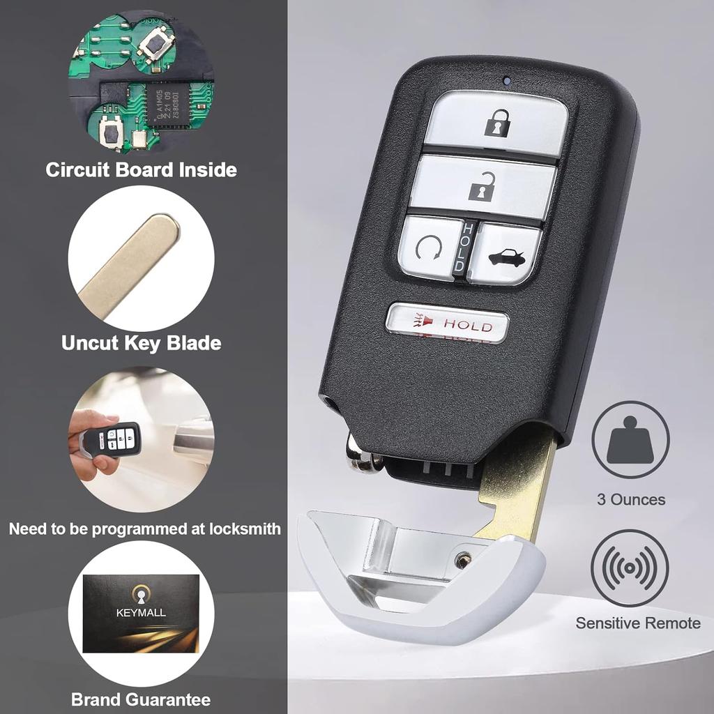 Smart Key Fob Keyless Entry Replacement Remote Key for Honda Accord 2018 (FCC ID:CWTWB1G0090 P/N:72147-TVA-A01) 5 Buttons