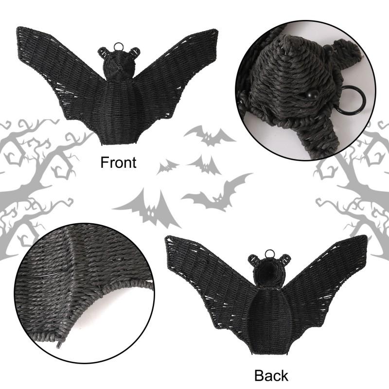 Halloween Decorative Pumpkin Lamp With Woven Bat Figurine Party Home Tabletop Display