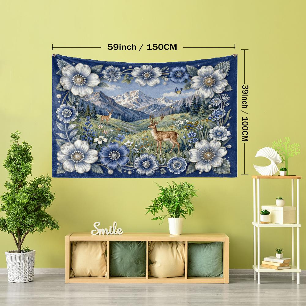 1pc Blue Floral Border with Mountain and Forest Deer Scenery Printed Tapestry Wall Hanging, Simple Art Bohemian Style Living Room Bedroom Home Decor F