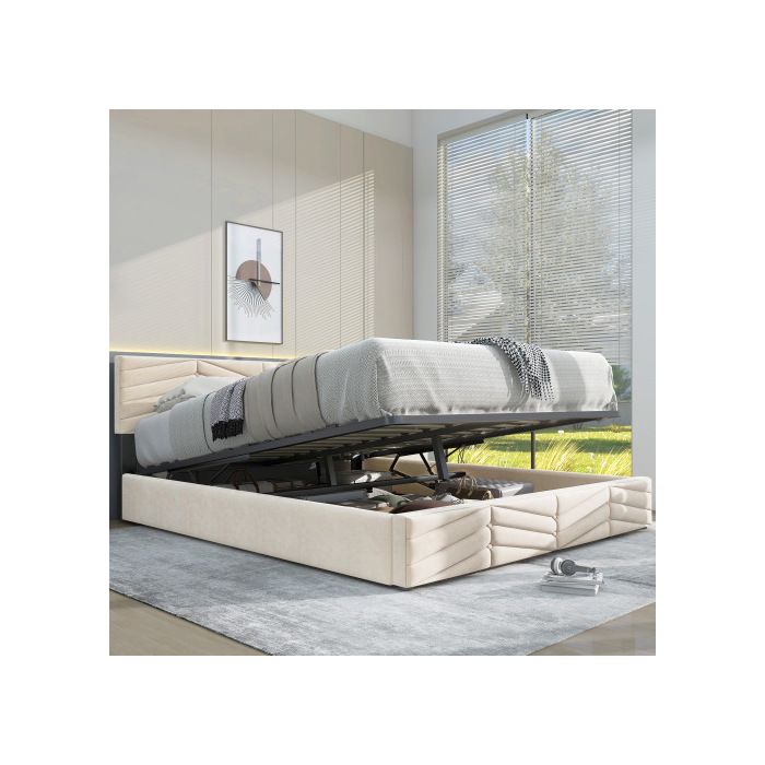 Lit capitonné - MUVOE - 140x200 cm - Tête de lit réglable - Velours beige - 2 places