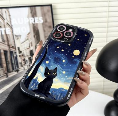 Чехол для телефона с рисунком «Звездная ночь» и черным котом для Samsung S25 S24 S23 S22 S21 S20 FE Ultra Plus 5G, силиконовый чехол