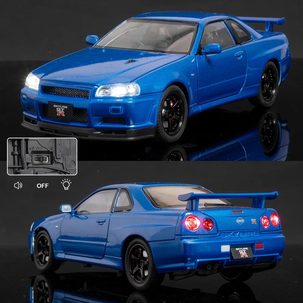1/24 Nissan Skyline GTR R34 Форсаж Модель машины из сплава Звук Свет Коллекционная Миниатюрная Voiture Литая Игрушечная Машина Мальчик C342