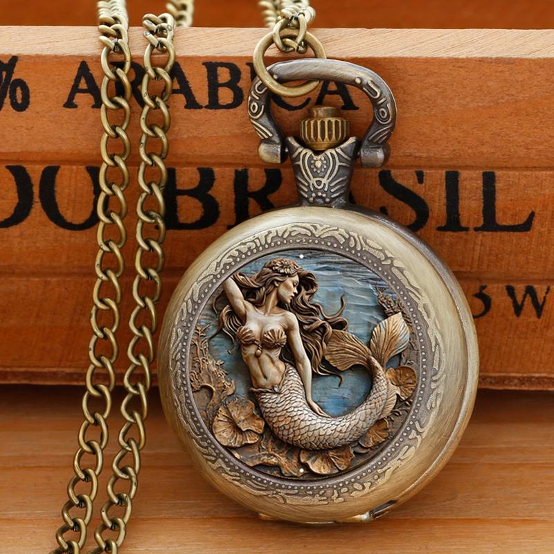 Vintage Pocket Watch Mermaid Clock with Necklace Chain Lovers Pendant Gift