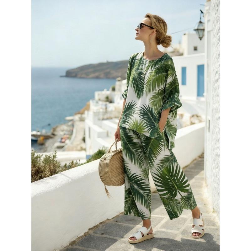 European and American casual style printing two-piece set 1116 new loose round neck shirt trousers set supply women's clothing