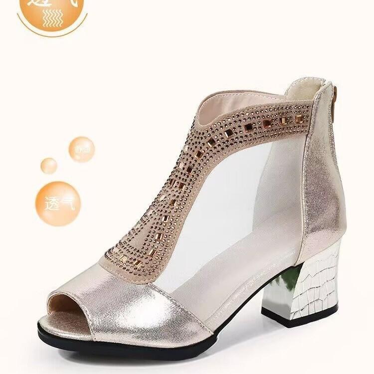 Большие размеры, летние новые туфли на толстом каблуке с рисунком «рыбий рот», женская обувь, сетчатая пряжа, дышащие, сверкающие бриллианты, классные ботинки, босоножки на высоком каблуке, сетчатые ботинки, обувь для мам