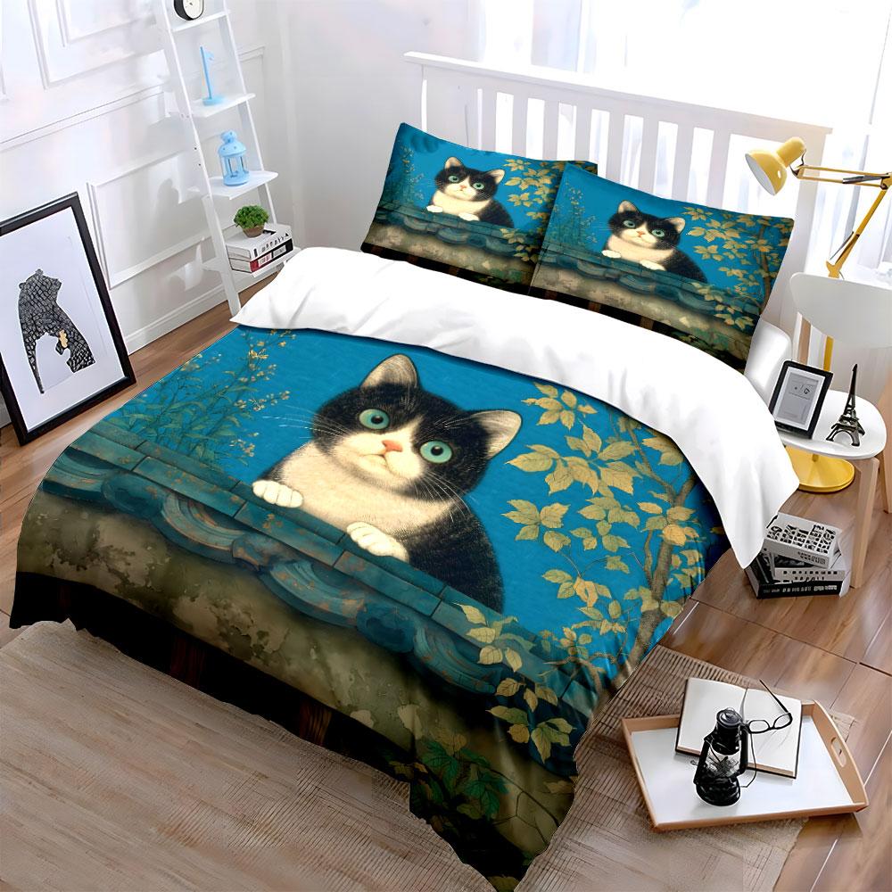 Curious cat amidst serenity. Bedding sets Duvet covers Pillowcases(1* Duvet Cover 2* Pillowcases without duvet insert)