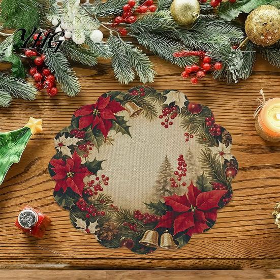 Non Slip Kitchen Decor Round Christmas Placemat, 14 Inch Festive Pattern Anti Tabletop Protector, Scald Table Cover Heat Insulation Place Mat
