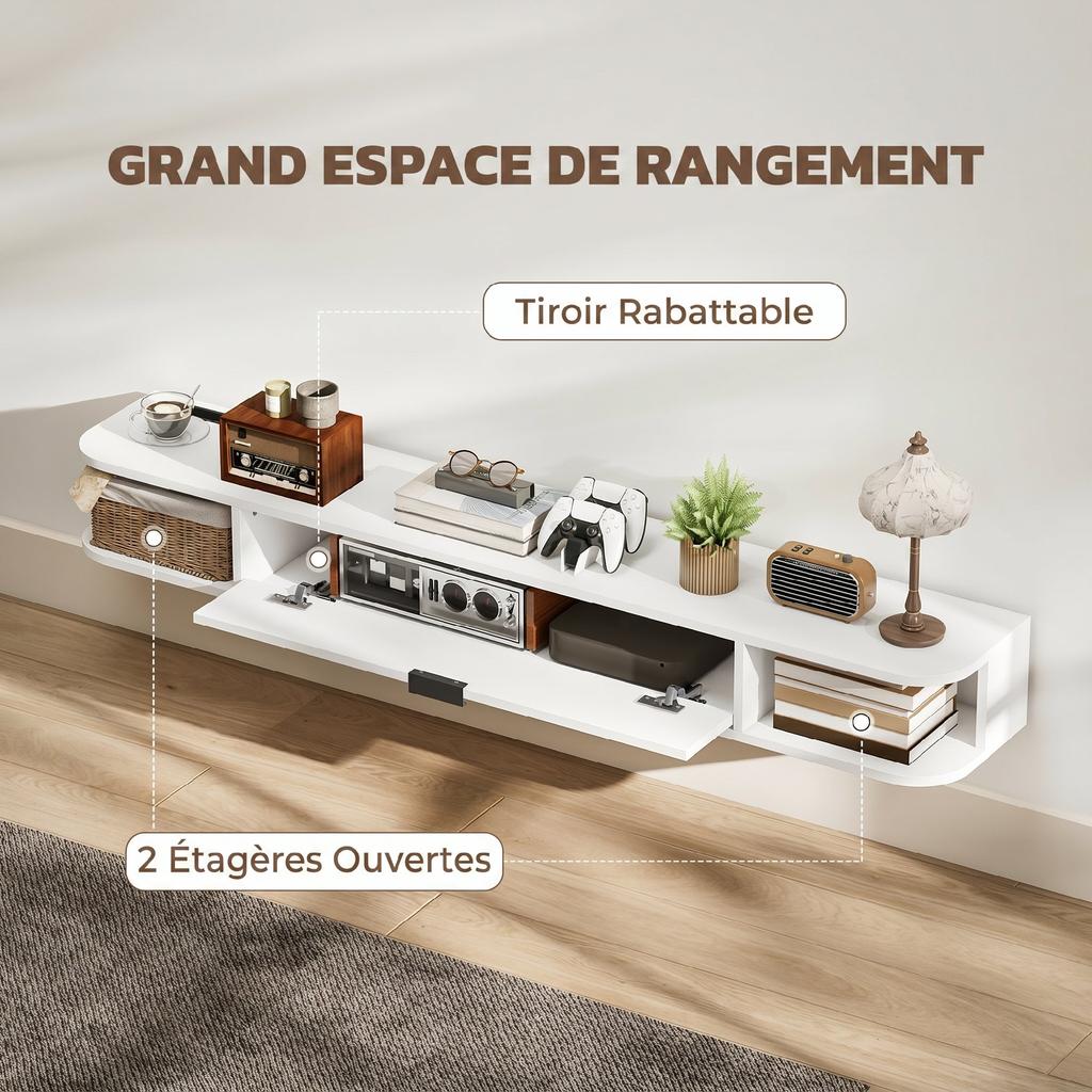 Wall-Mounted TV Stand for 60" TVs, Drop-Down Drawer, 2 Shelves, 140x24x16cm, White