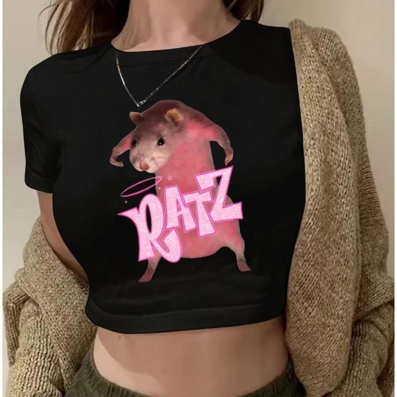 2026 Y2K Retro Crop Top Womens Short Sleeve T-Shirt Loose Fit Round Neck Casual Streetwear