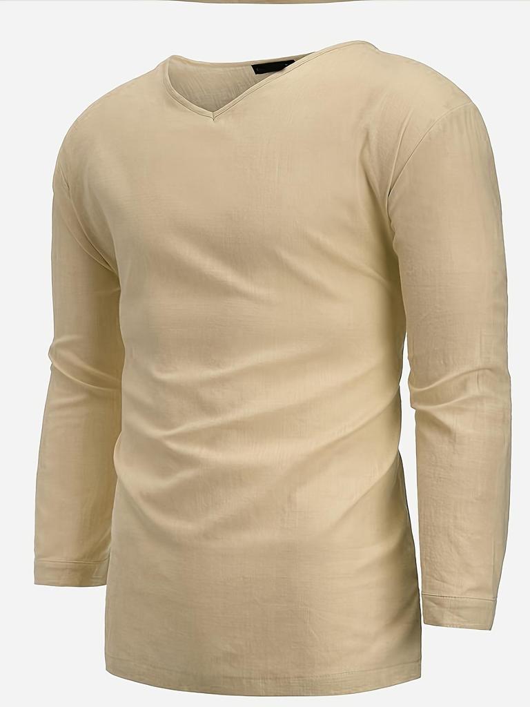 Мужская весенняя 2024 года повседневная рубашка с V-образным вырезом и длинным рукавом из льна и хлопка