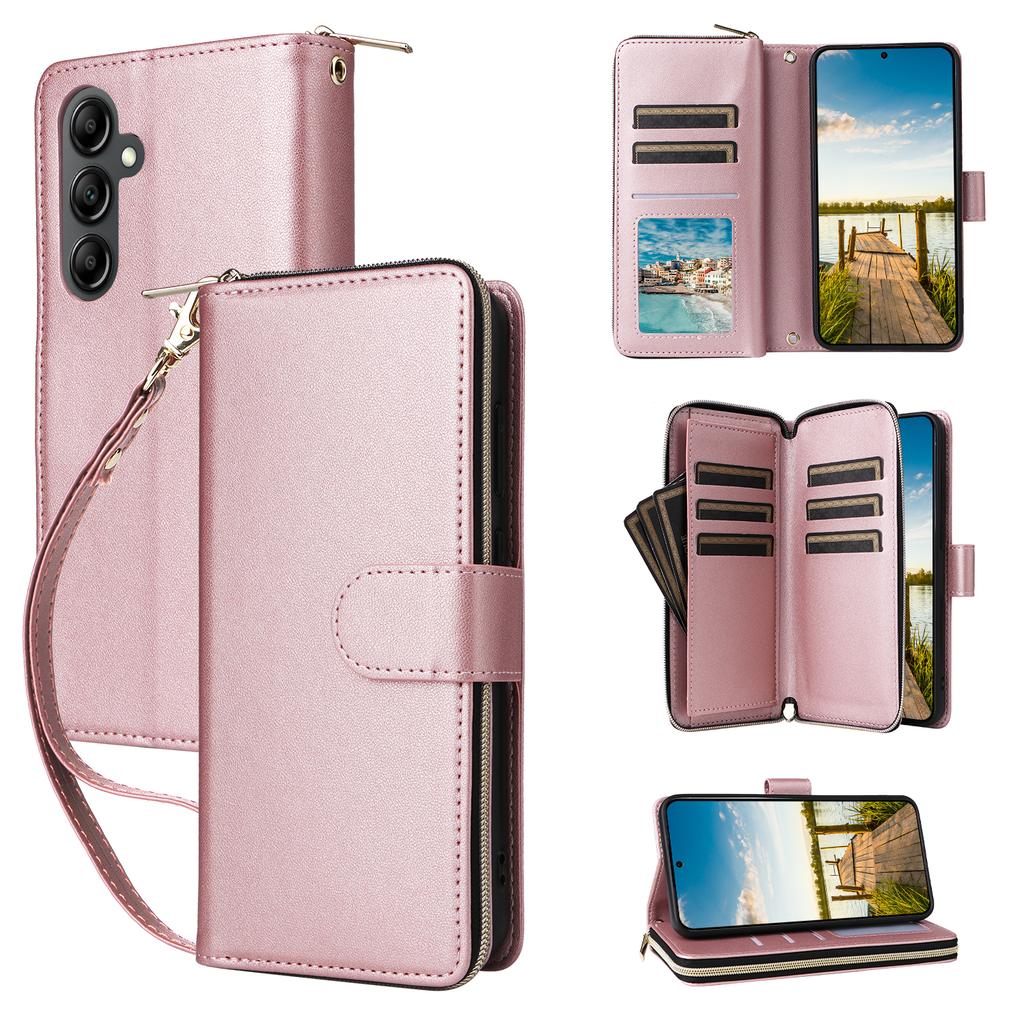 For Samsung Galaxy A17 5G Case 9 Card Slots Zipper Pocket PU Leather Phone Cover with Wrist Strap