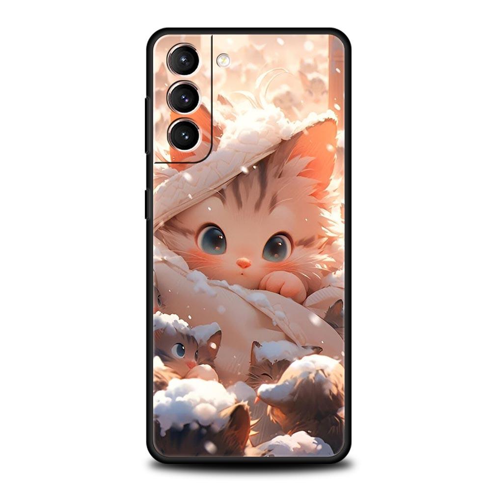 Мультяшный милый кот Арт мода Чехол для телефона Для Samsung Galaxy S25 S24 S23 FE S22 Ultra S20 S21 5G S10 Plus S10E Мягкий черный чехол