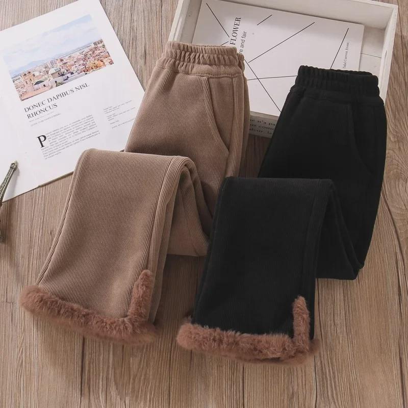 Модные прямые повседневные брюки на бархатной подкладке для девочек 2023 года для детей старшего возраста