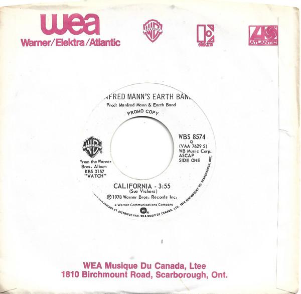 7-дюймовая пластинка MANFRED MANNS EARTH BAND California WBS8574PROMO Warner Bros. Re 1978 Канада Рок Б/У