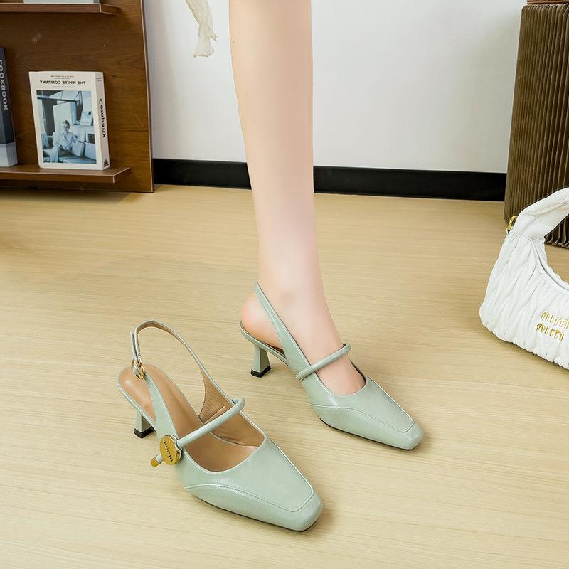 Французские туфли-сандалии с квадратным носком женские 2025 новая летняя обувь Мэри Джейн на толстом каблуке с открытой пяткой и высоким каблуком