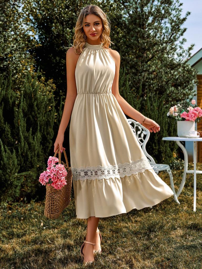 Летнее милое свободное однотонное длинное платье А-силуэта повседневное элегантное женское платье модное платье без рукавов с лямкой через шею в стиле пэчворк с кружевом 25305