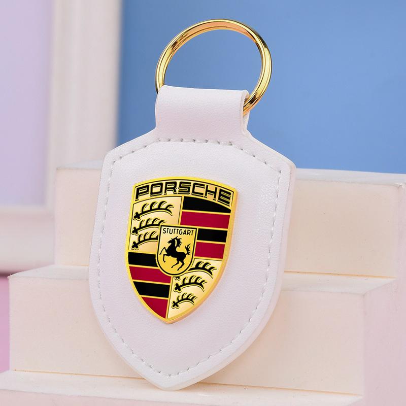 Car Leather Keychain Holder Shield Key Ring Chain Pendant Gifts For Porsche Macan 911 718 Taycan Panamera Cayenne Boxster Cayman