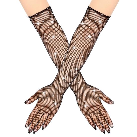 1 Pair Women Prom Arm Sleeves See-through Hollow Out Fishnet Rhinestone Decor Ultra Thin Fingerless Performances Bride Wedding Photo Prop Arm Cuffs