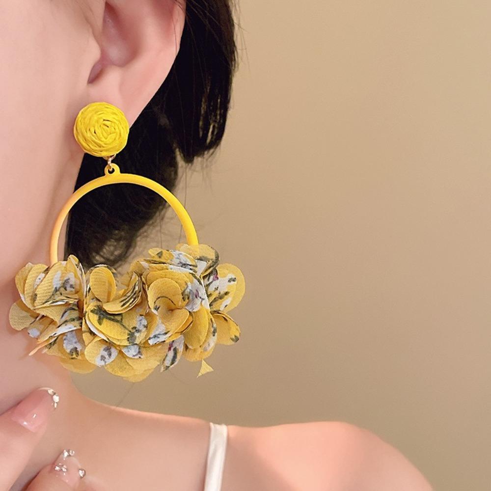 Colorful Fabric Flower Eardrop Sweet Exaggerated Earrings Fashion Mesh Flower Earrings Women