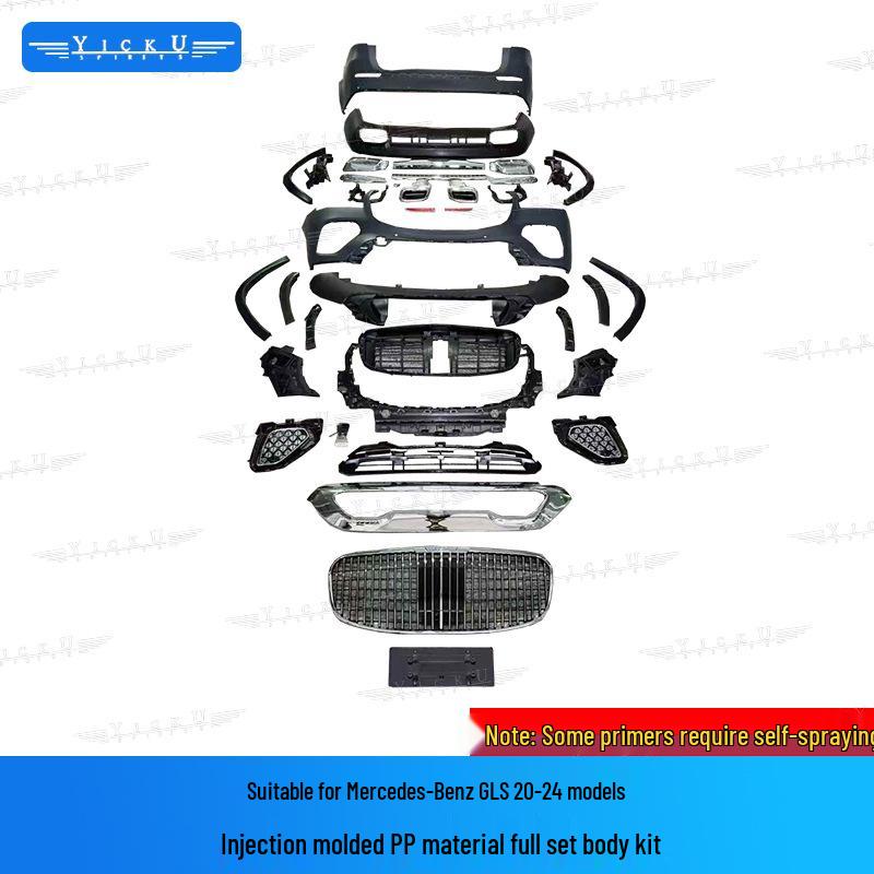 Compatible Mercedes-Benz GLS Maybach Body Kit: Grille, Bumpers, Rear Lip, Tailpipes, Fog Light Surrounds.