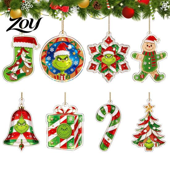 Double Sided Printed Baubles Green Elf Christmas Ornament, 2D Acrylic Red Bell Tree Candy Cane Gift Box Xmas Hanging Charms Shaped Decoration