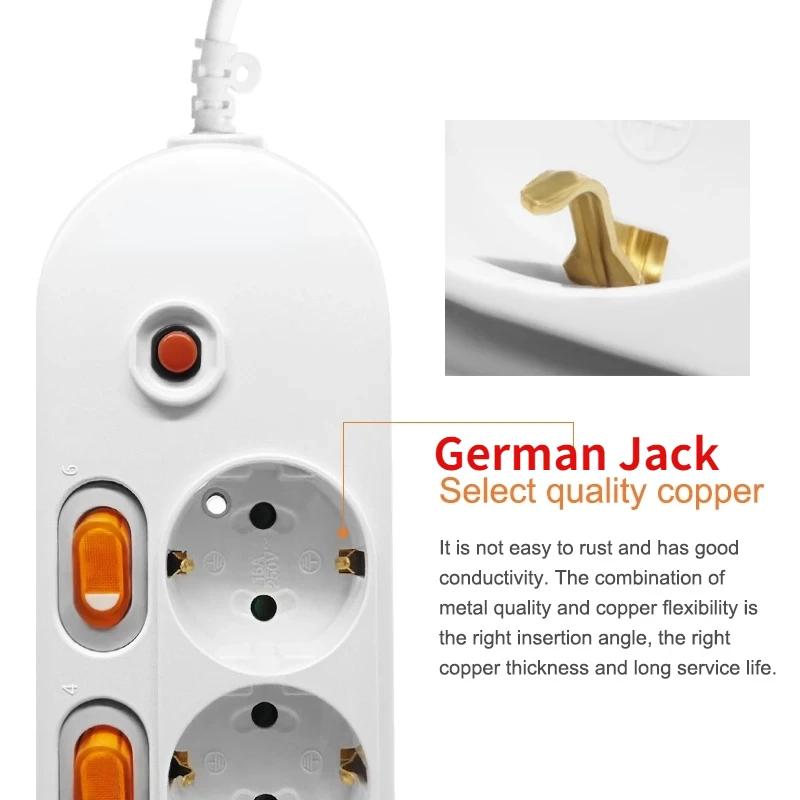 Melery Сетевой фильтр Защита от перенапряжения ЕС Вилка Выходы Электрический удлинитель 16A розетка Независимые переключатели управления 1.5/2m шнур