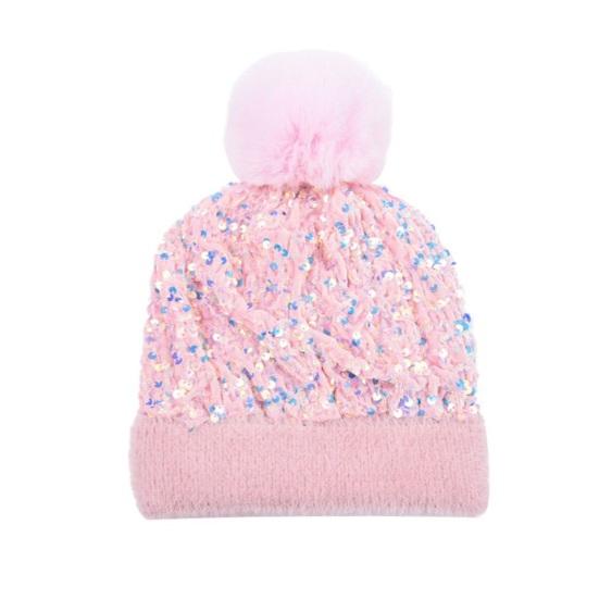 Женская вязаная шапка с плюшевым помпоном, украшенная блестящими пайетками, шапка без полей, зимняя теплая пушистая панама, головной убор