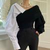 One-length Collar Shirt for Women Design Sense Splicing Shirt Retro Off-shoulder Long-sleeved Top