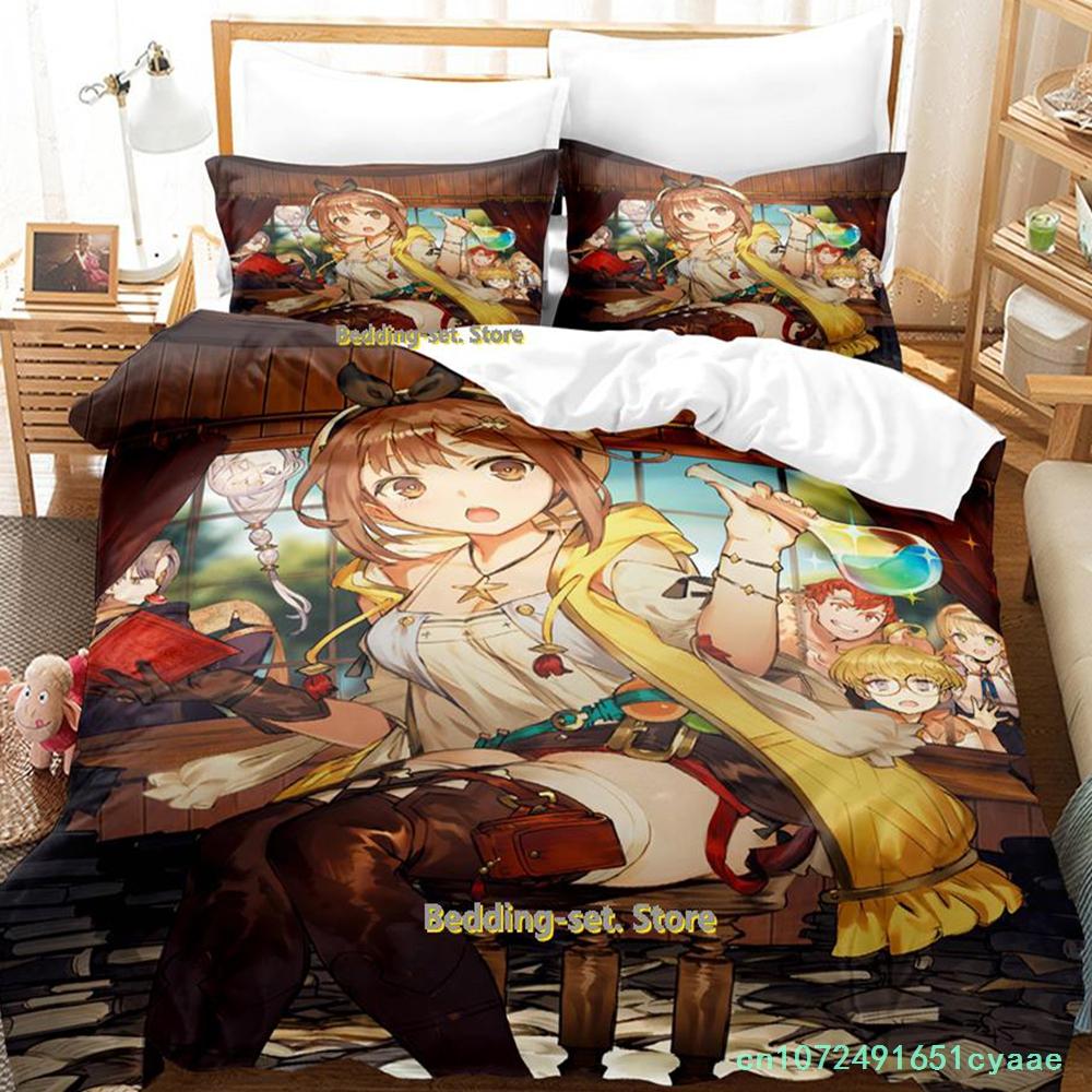 Комплект постельного белья Kawaii Atelier Ryza Single Twin Full Queen King Size Bed Set Adult Kid Bedroom Duvetcover Sets Girls Anime Bed