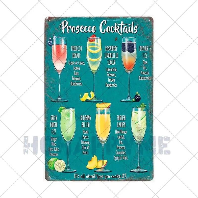 Prosecco O'Clock Metal Tin Signs Plates Cocktails Vintage Plaque Posters Pub Bar Art Wall Decoration Retro Home Decor 20x30cm