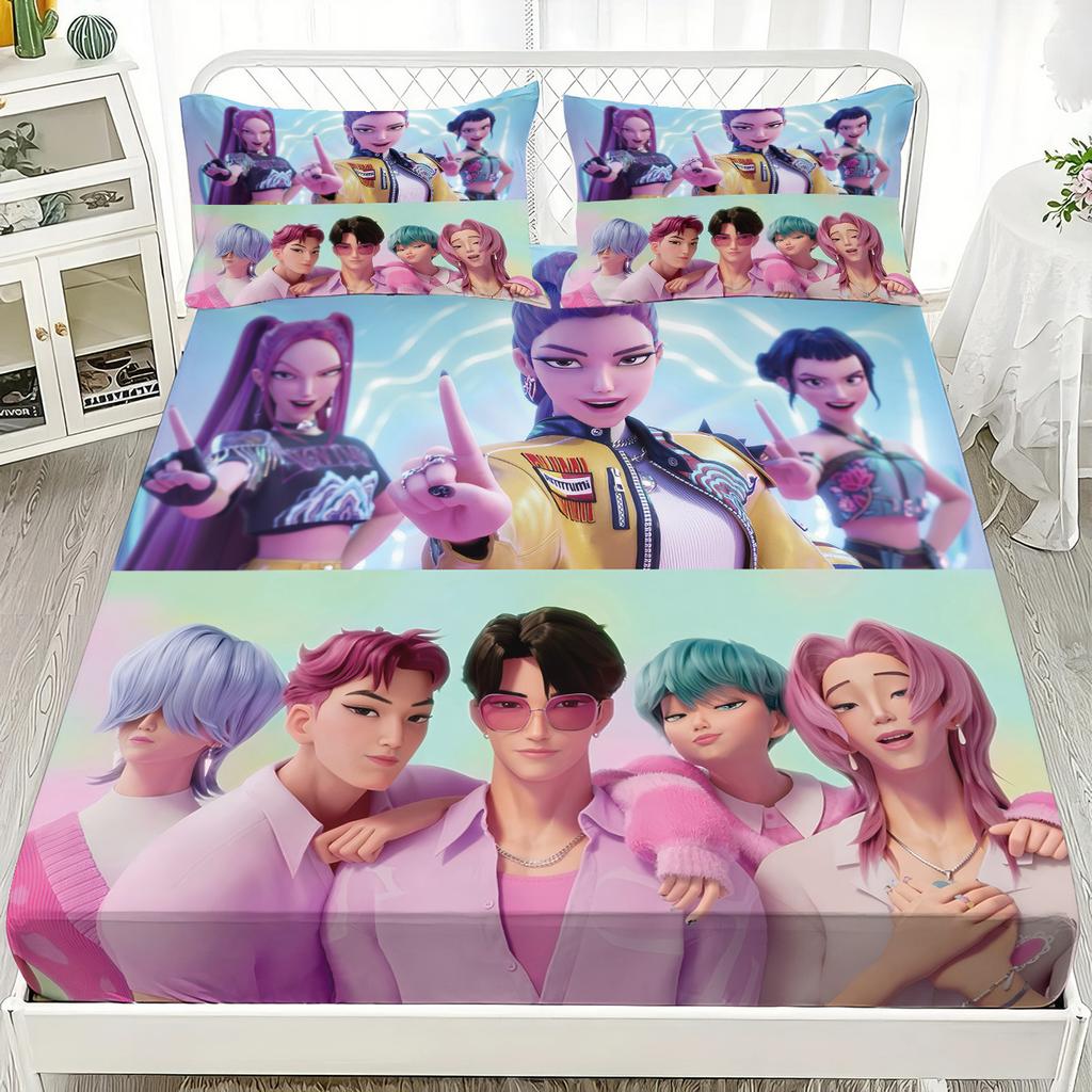 Saja Boys Team Fitted Sheet DemonHunters Print Coreless Fitted Sheet Set Multi Size Soft Bedspread Bedroom Bedding Decoration