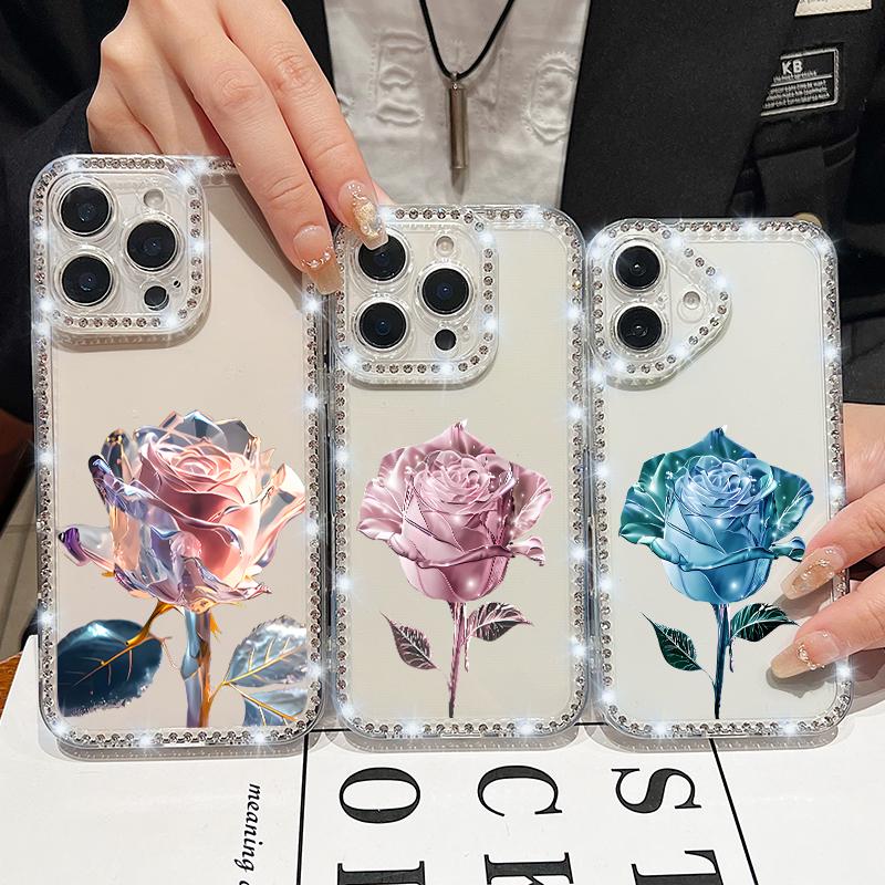 Прозрачный чехол для телефона с цветочным принтом Crystal Rose для iPhone 16E 16 Pro 15 Pro Max 14 13 12 11 Diamond Frame, мягкий силиконовый противоударный прозрачный чехол-бампер