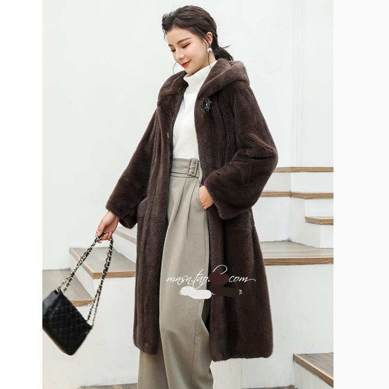 Женское осенне-зимнее длинное пальто из искусственной норки с меховым капюшоном
